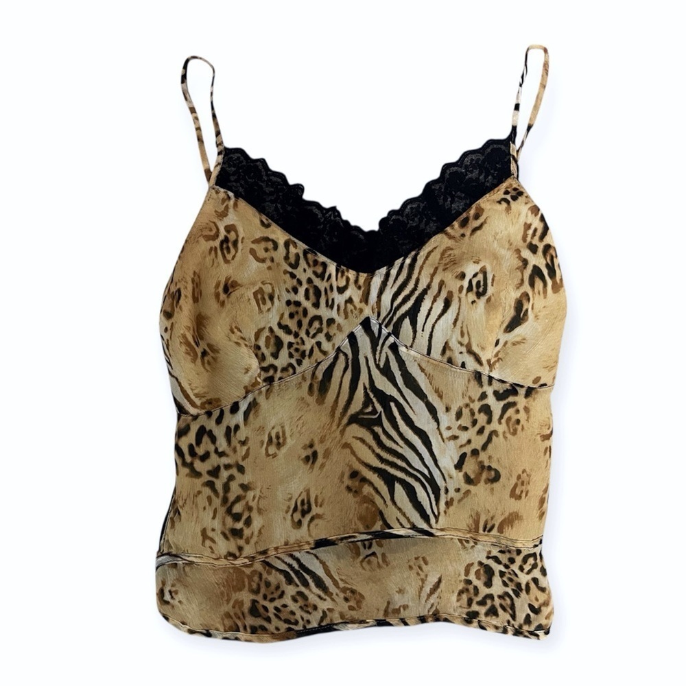 (sold)Y2K Leopard Print Lace Trim Cami Top Festival Boho Fairy